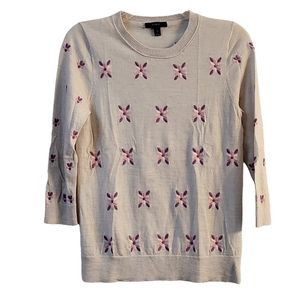 J. Crew Tippi Flower Embroidered Merino 100% Wool Sweater 3/4 Sleeves Size M